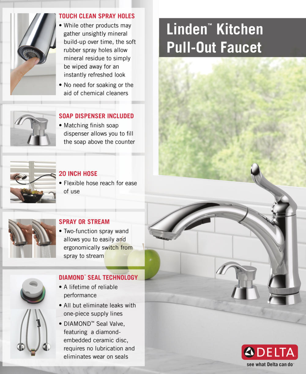 Delta Linden SingleHandle PullOut Sprayer Kitchen Faucet with Soap